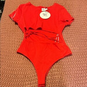 Princess Polly Bright Red Ribbed Cutout Kids One-Piece